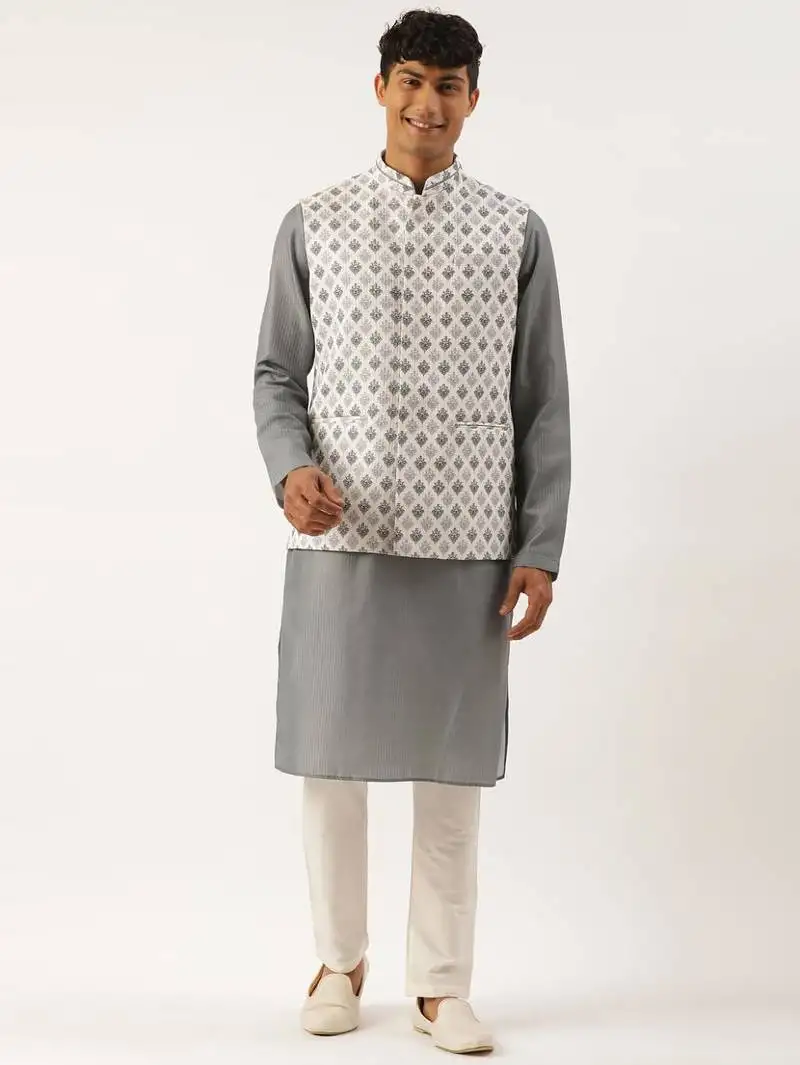Grey printed jacket kurta set