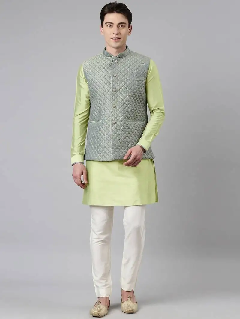 Lime green blue jacquard quilted jacket with short kurta