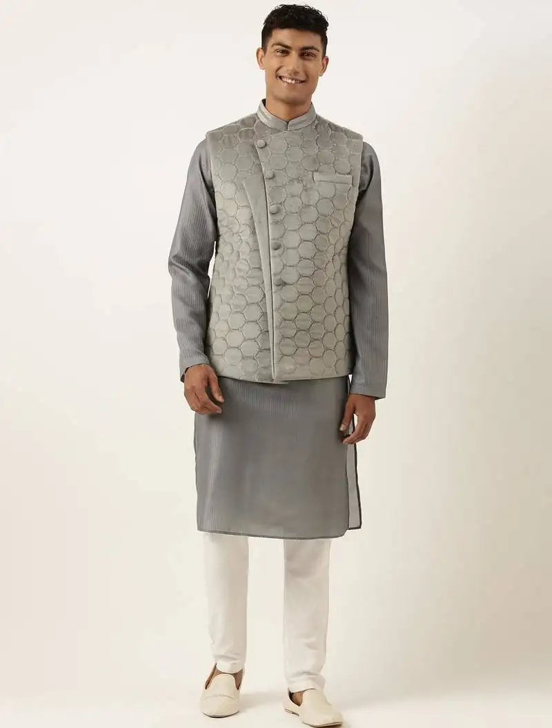 Grey velvet quilted jacket kurta set