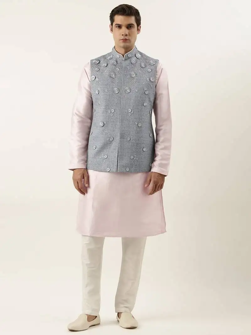 Grey floral embroidered jacket kurta set