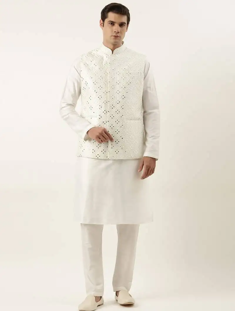 Off white mirror embroidered jacket kurta set