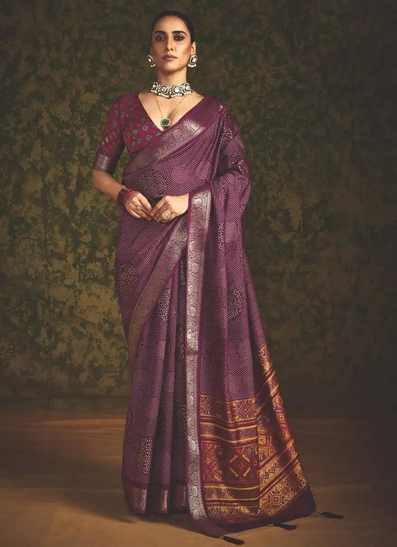 Maroon velvet tussar silk blend foilprint saree with unstitched blouse