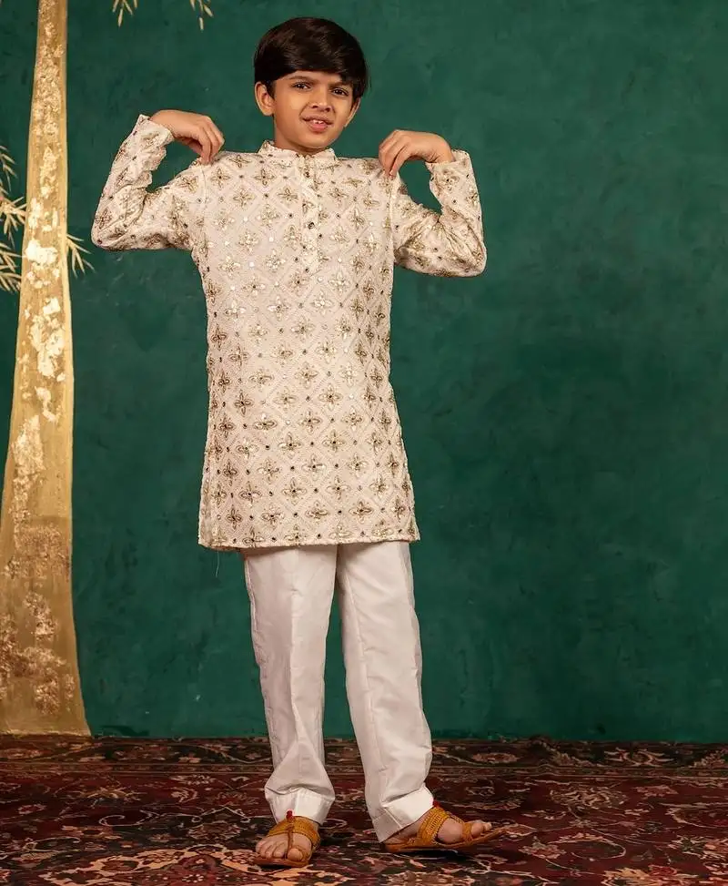 Boys georgette mirror work off-white kurta with white pant