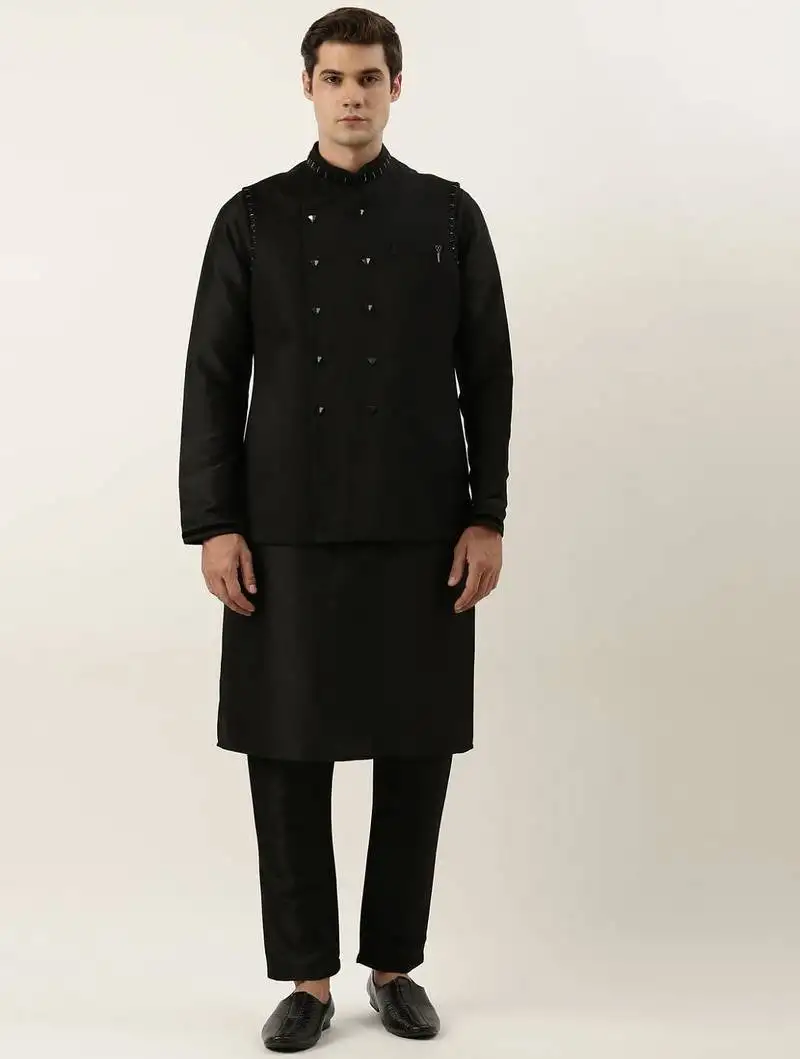 Black embroidered jacket kurta set