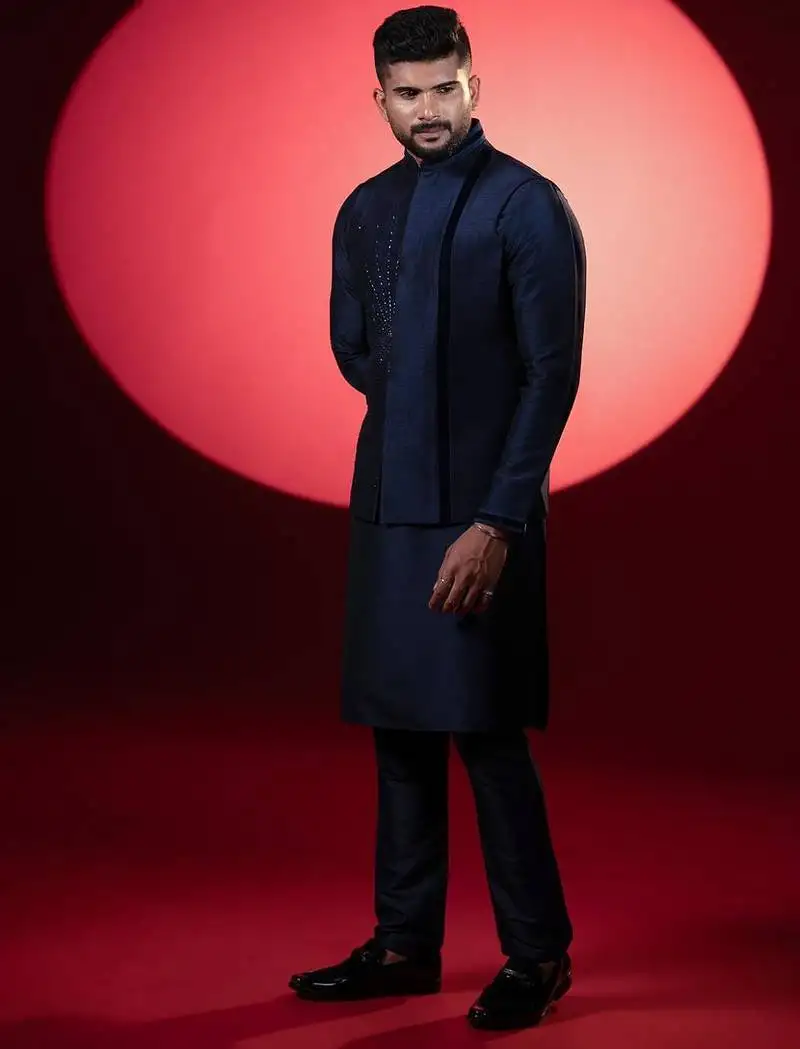 Navy silk embroidered jacket kurta set