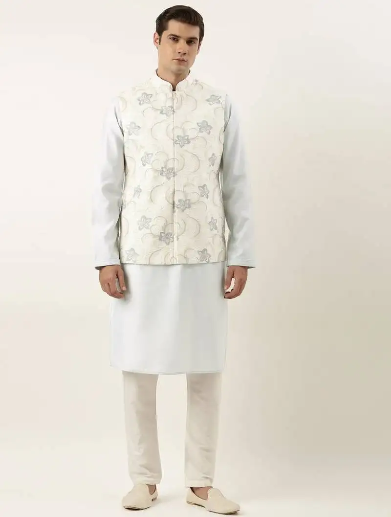 White embroidered jacket kurta set