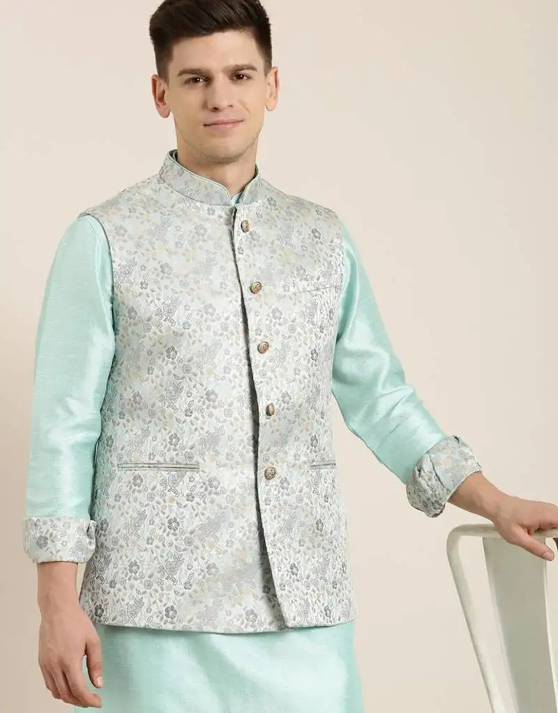 Pastel blue jacket with kurta set