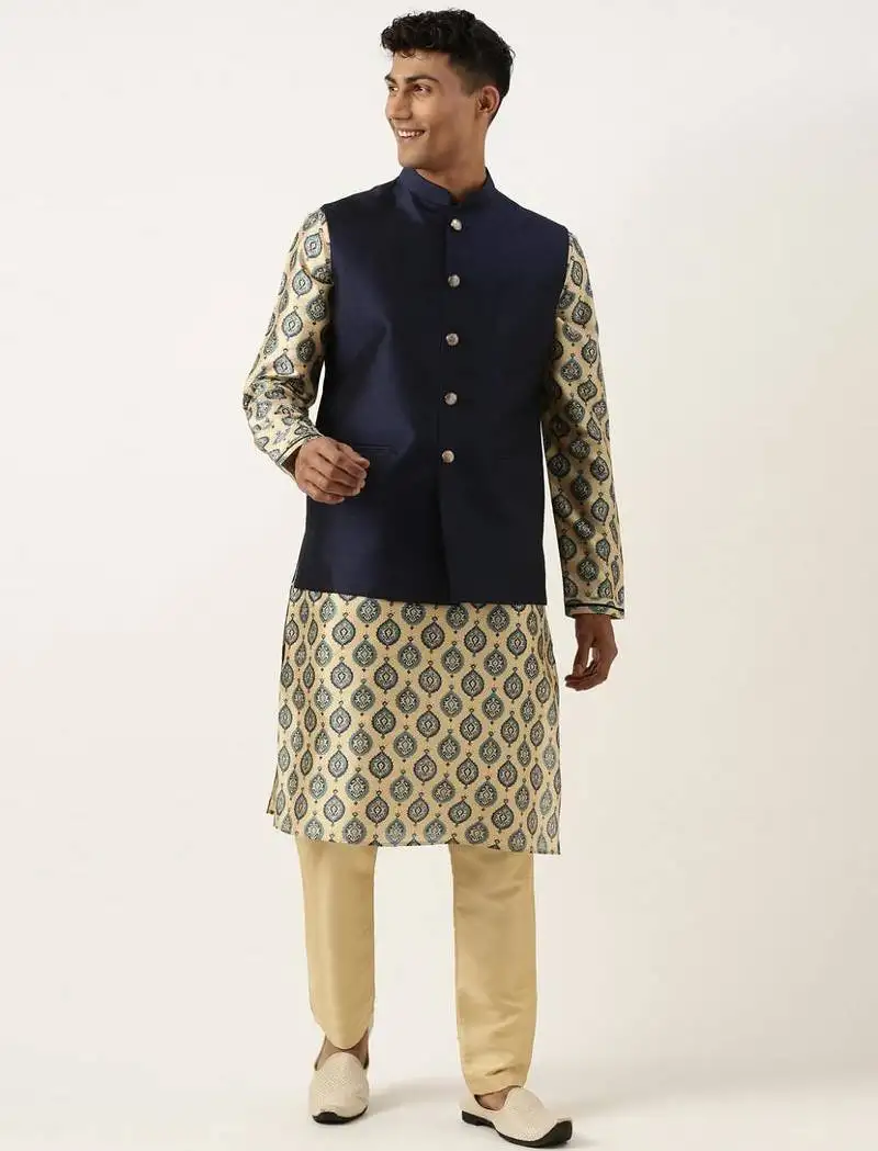 Navy silk jacket with printed kurta set