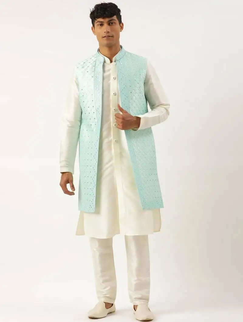 Turquise mirror embroidery open jacket kurta set