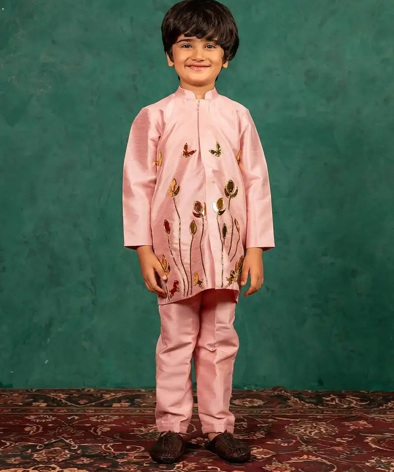 Boys light pink silk kurta and pants with handwork acrylic bundi jacket