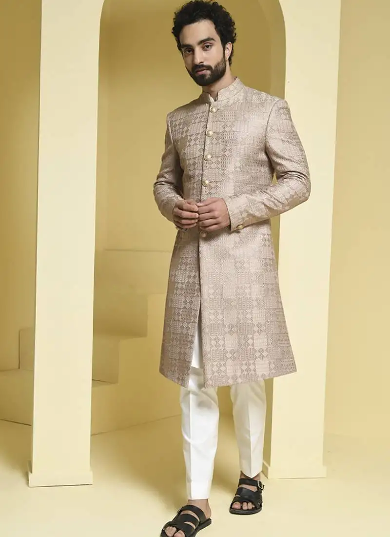 Beige embroidered silk sherwani set