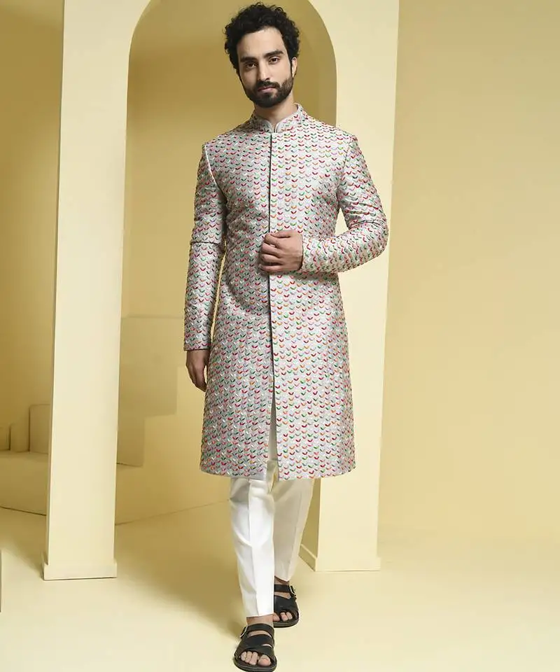 Silver embroidered cotton silk sherwani set