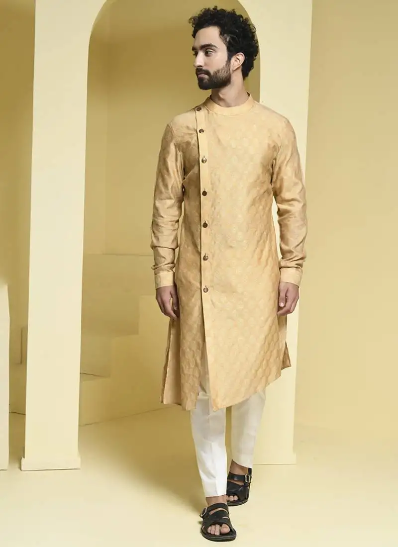 Beige plain cotton silk kurta pajama