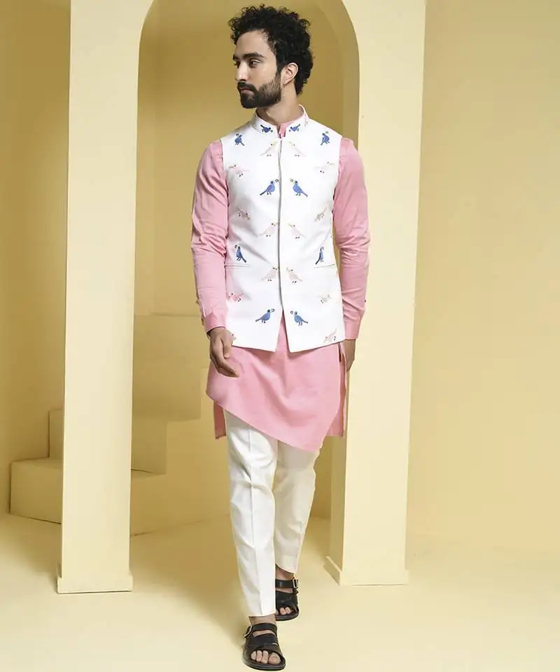 White printed cotton nehru jacket set