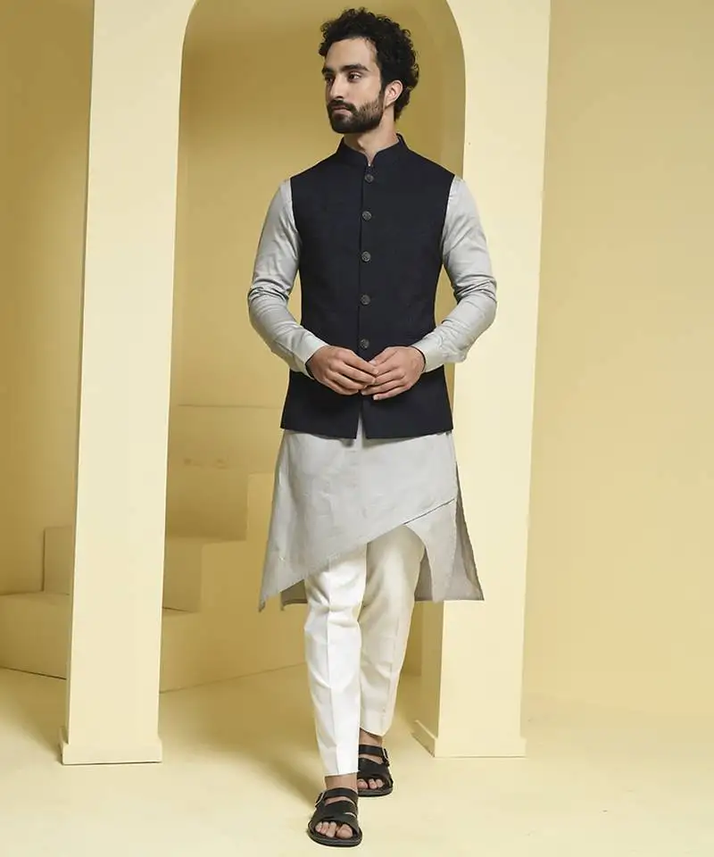 Black plain cotton silk nehru jacket set