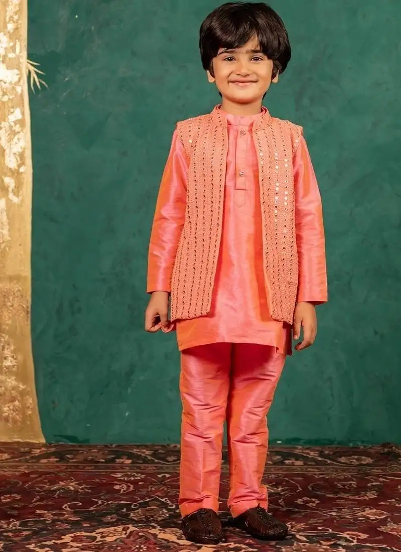 Boys bright salmon coloured kurta and pant with georgette mirror work bundi jacket
