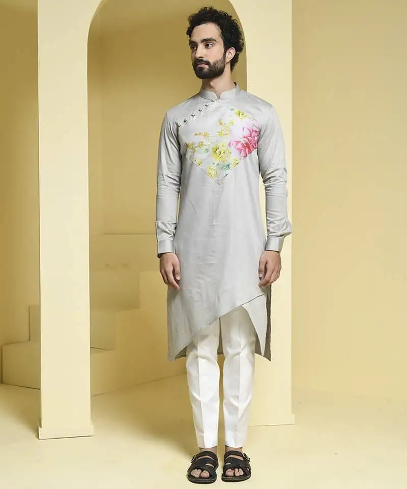 Silver printed cotton kurta pajama