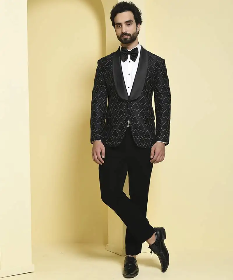 Black embroidered silk tuxedo
