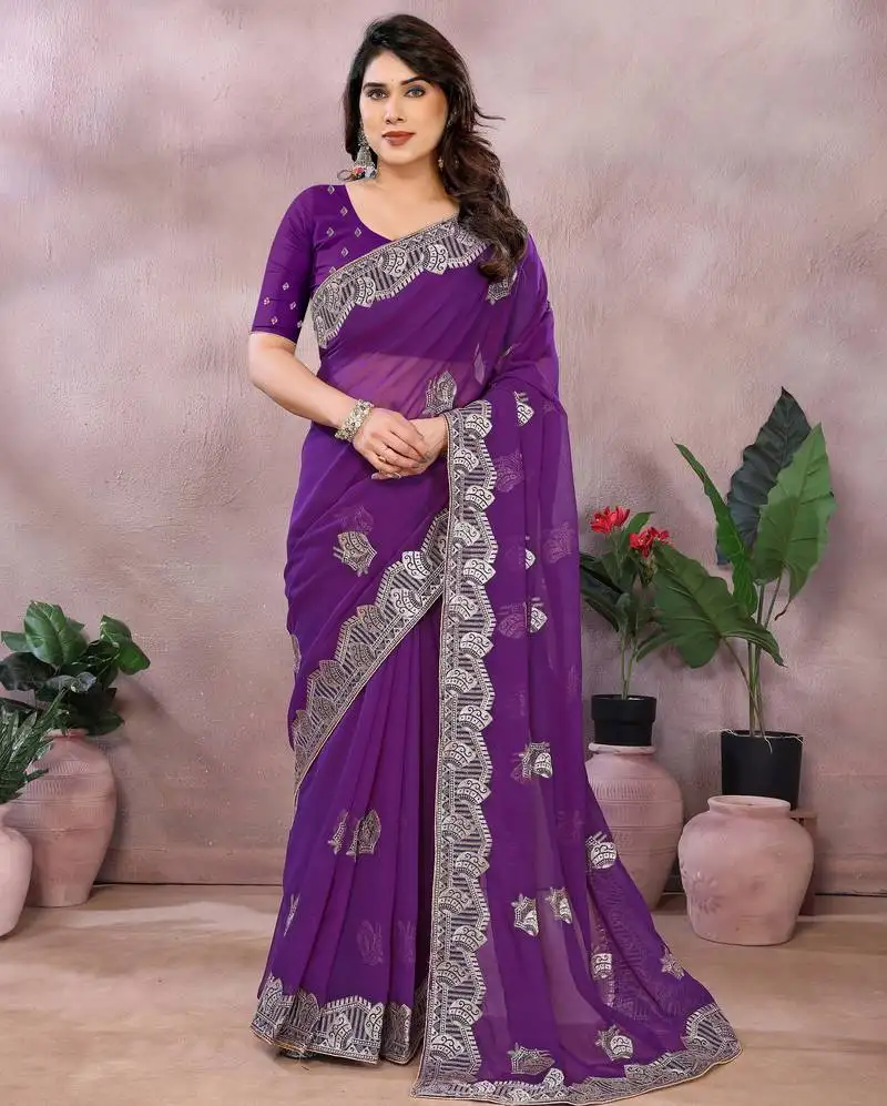 Purple embroidered georgette saree