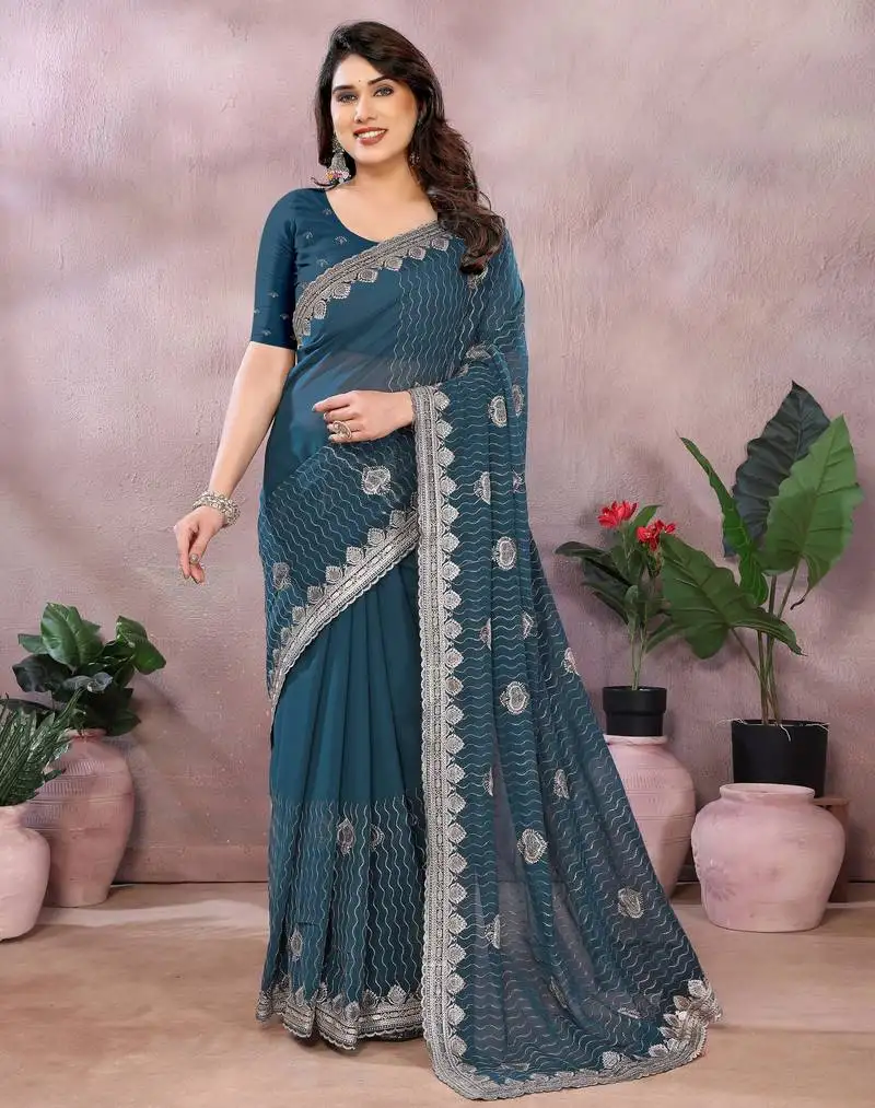 Teal embroidered georgette saree