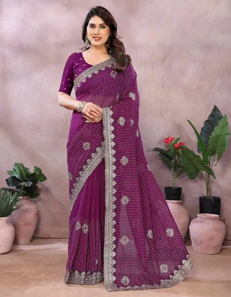Wine embroidered georgette saree