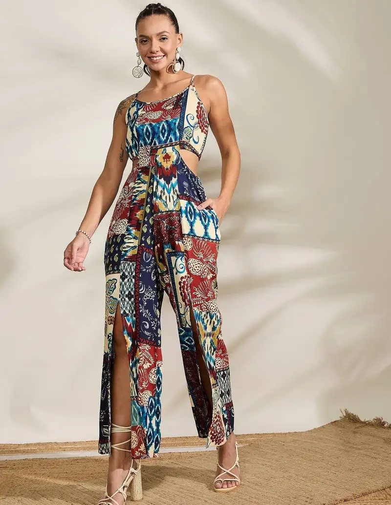 Multi-color printed waist cut-out jumpsuit
