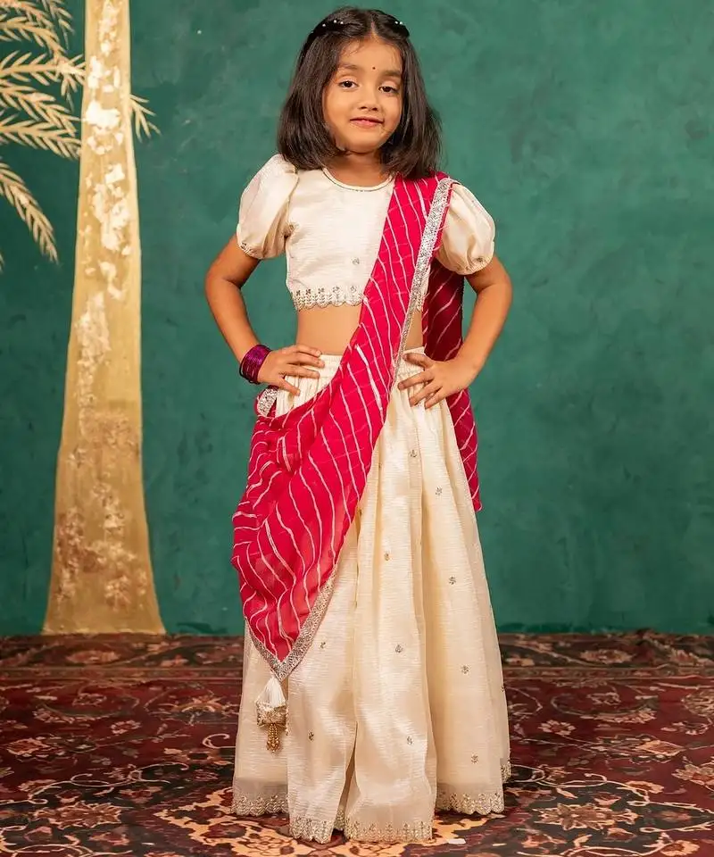 Girls fendy crush white top and lehenga with georgette dupatta