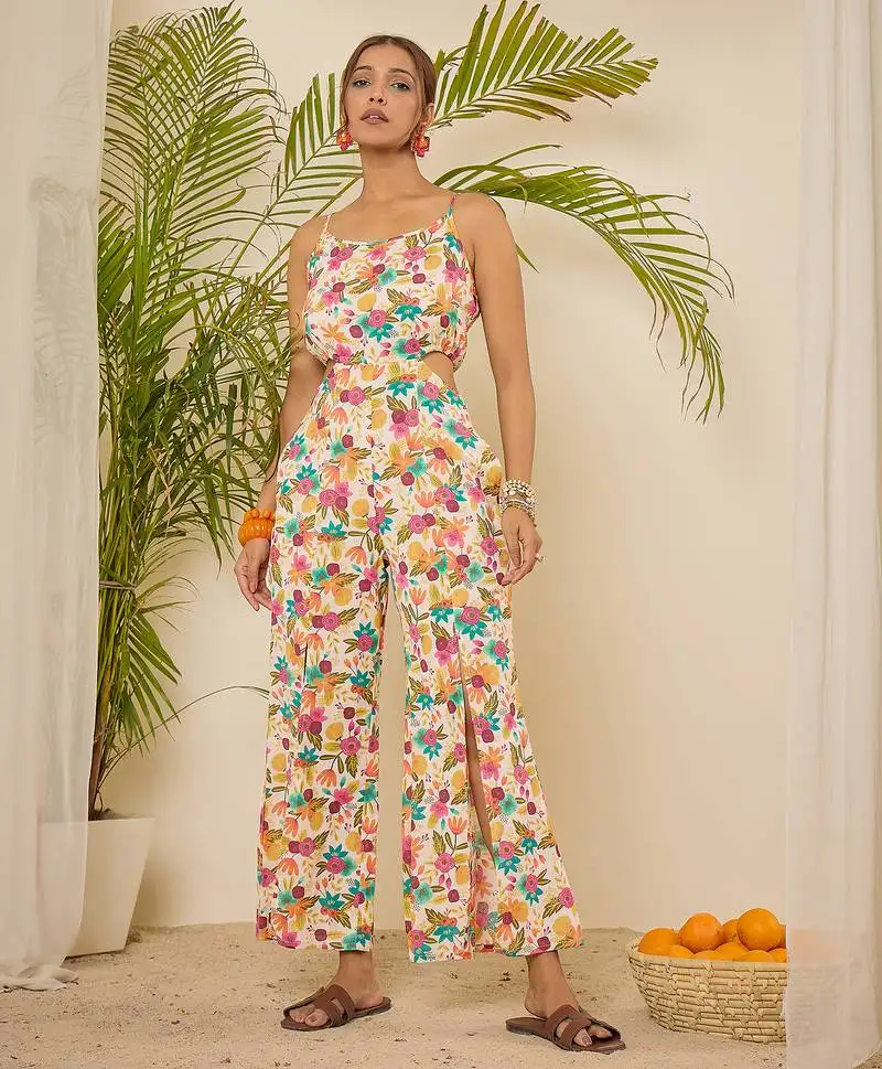 Floral print waist cut-out jumpsuit