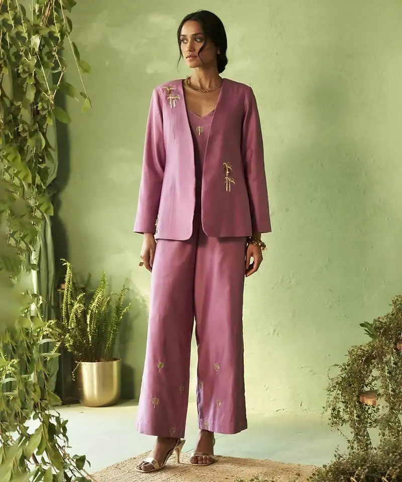 Purple plain chanderi top & pant with jacket