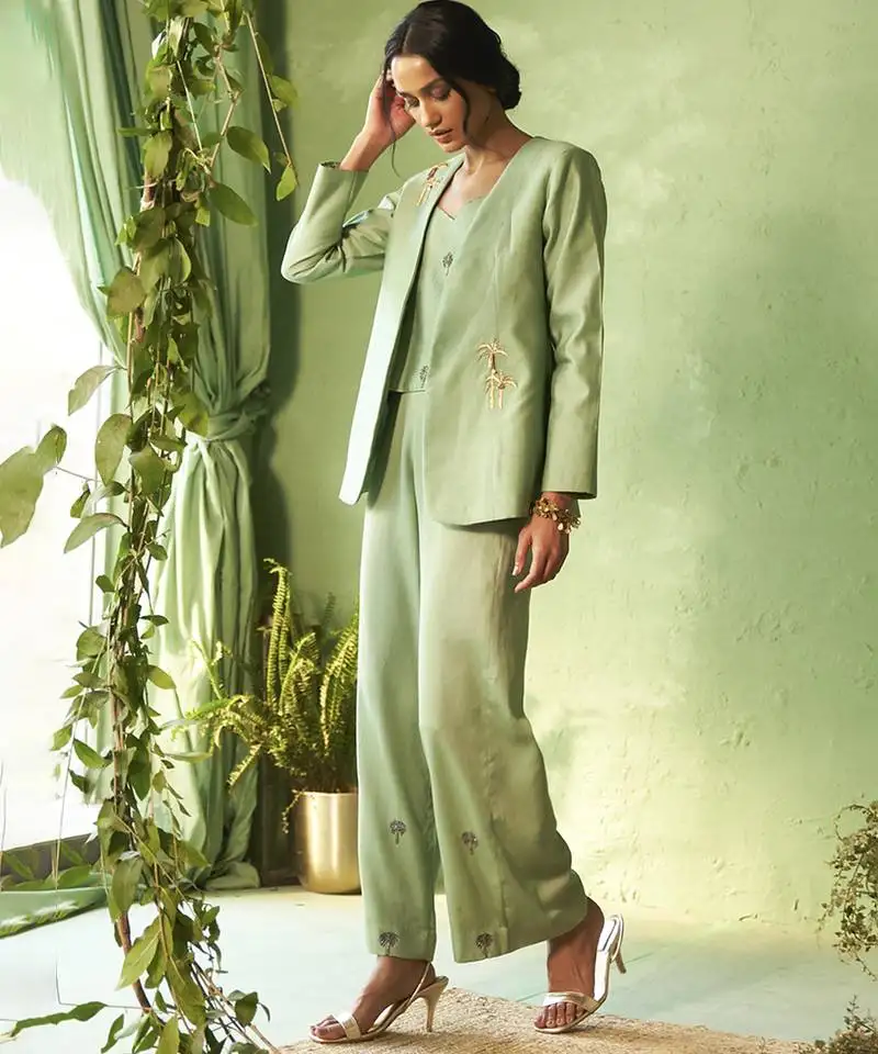 Green plain chanderi top & pant with jacket