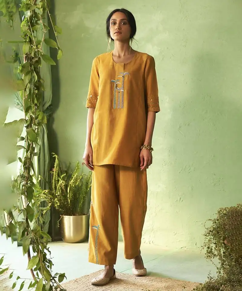 Mustard plain chanderi kurta & pant