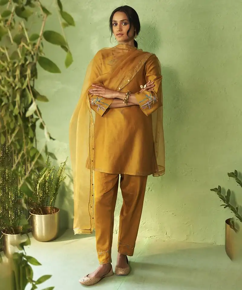 Mustard plain chanderi kurta set