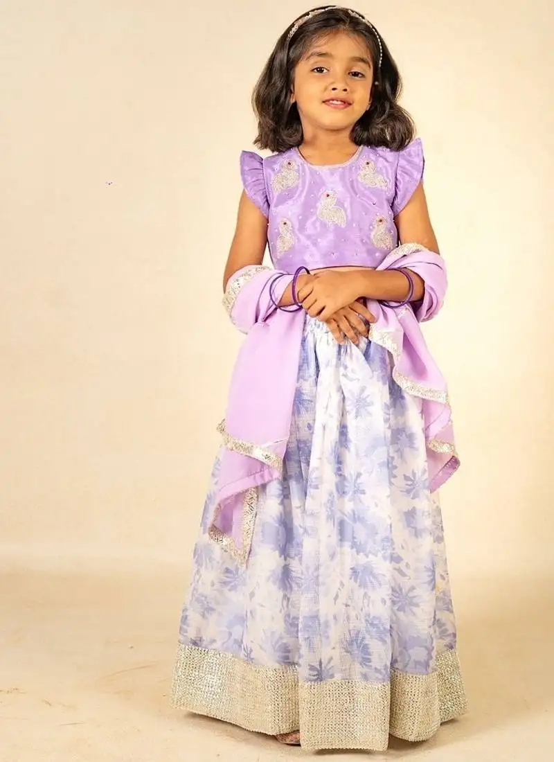 Girls hand embroidered duck top and moonga digital printed lehenga with dupatta
