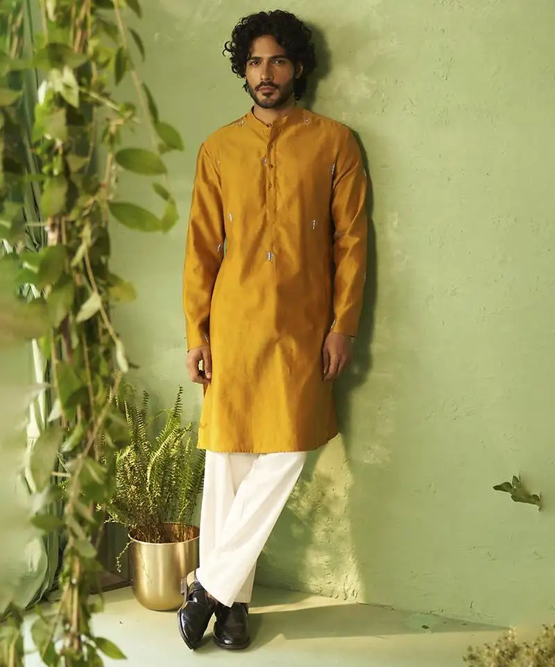 Yellow plain chanderi kurta pajama