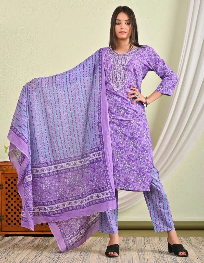 Blue cotton kurti with pant and matching dupatta sets