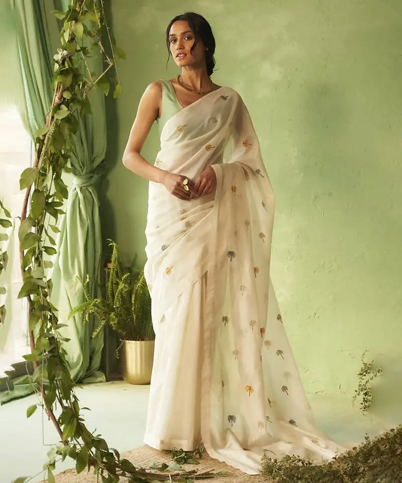 White hand embroidery chanderi saree