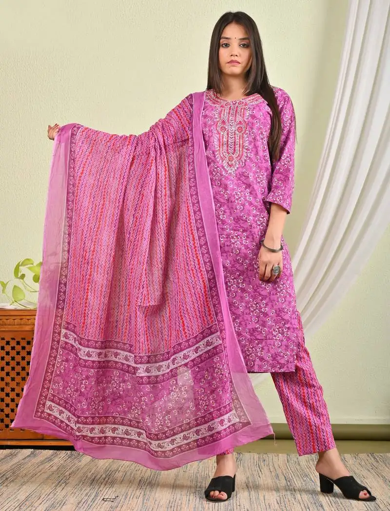 Cotton kurti with pant and matching dupatta sets