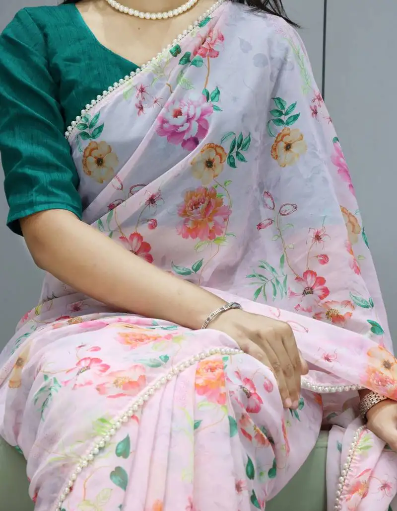 Off-white floral printed weightless saree with unstitched blouse