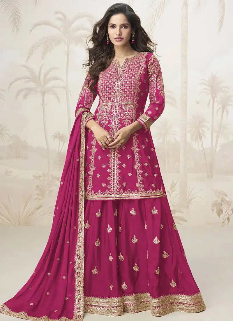 Pink chinon silk embroidered sharara suit stitched