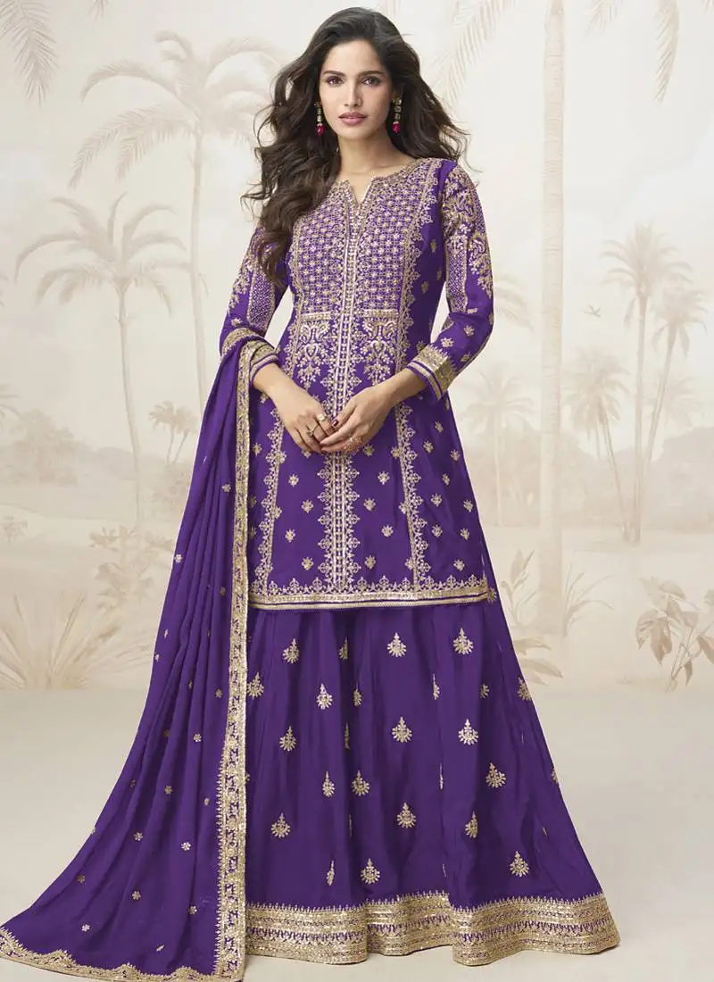 Violet chinon silk embroidered sharara suit stitched