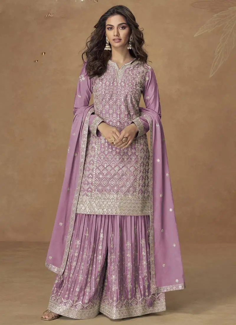 Onion pink chinon silk embroidered palazzo suit stitched