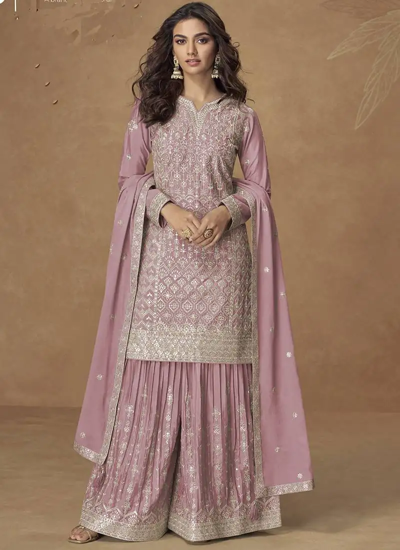 Light pink chinon silk embroidered deiigner palazzo suit stitched