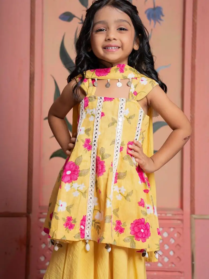 Yellow printed linen kurta set