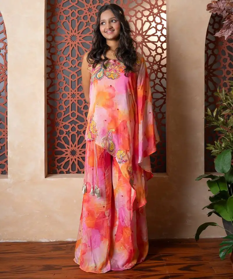 Pink printed satin sharara