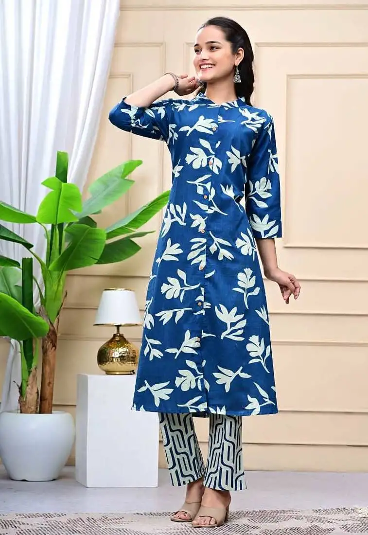 Women blue cotton printed & trim work a-line kurta & bottom set