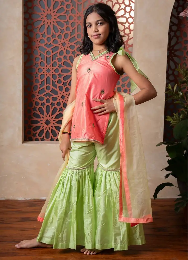 Peach & green embroidered silk sharara
