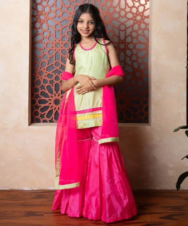Pink & green plain silk sharara