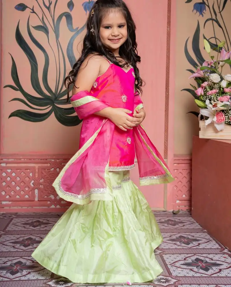 Pink & green embroidered silk sharara