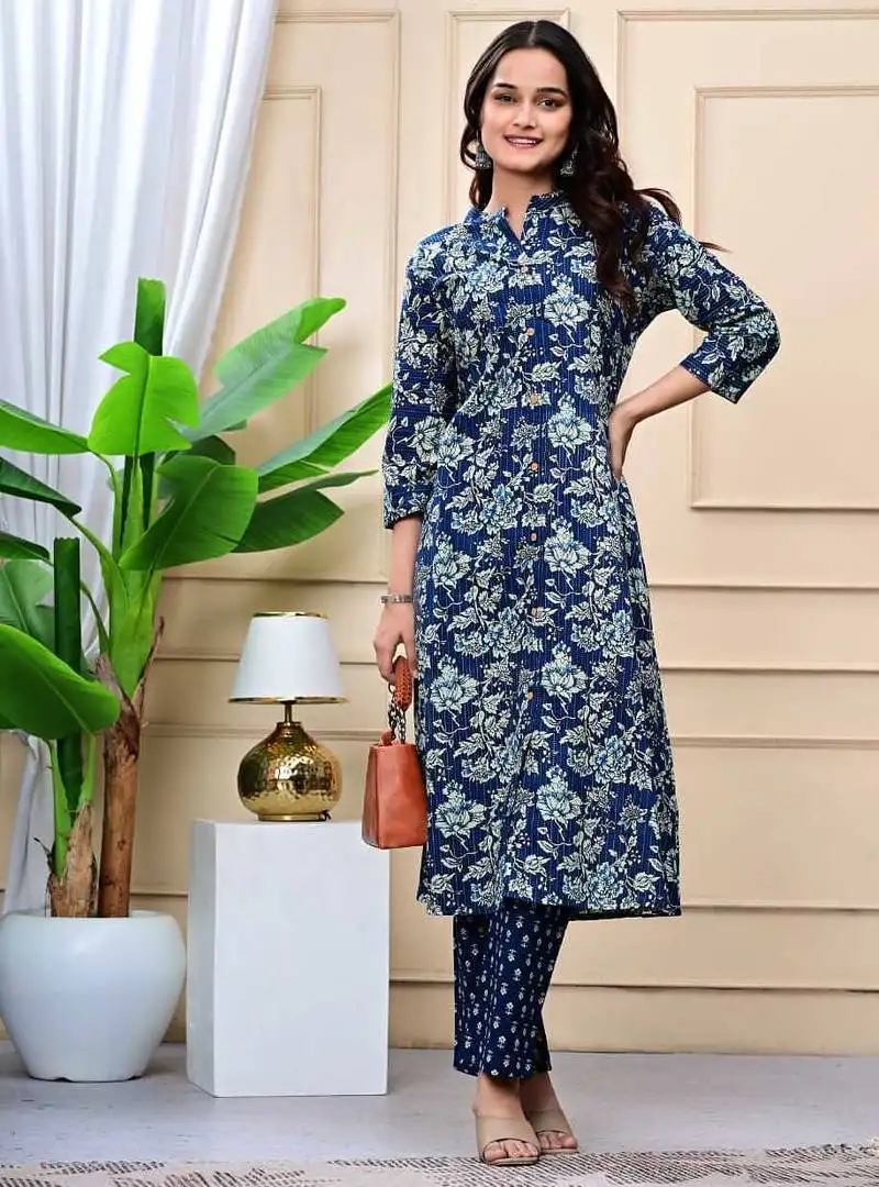Women navy blue cotton printed & trim work a-line kurta & bottom set