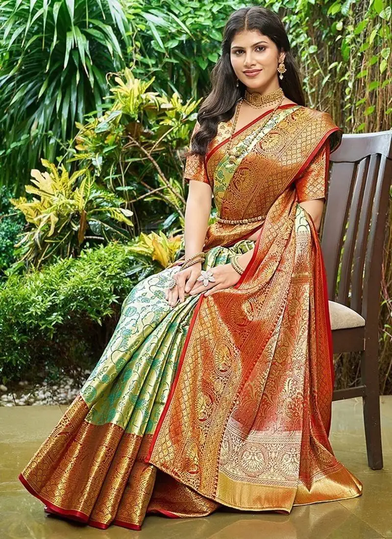 Green soft silk blend kanjeevaram zari work saree with blouse piece